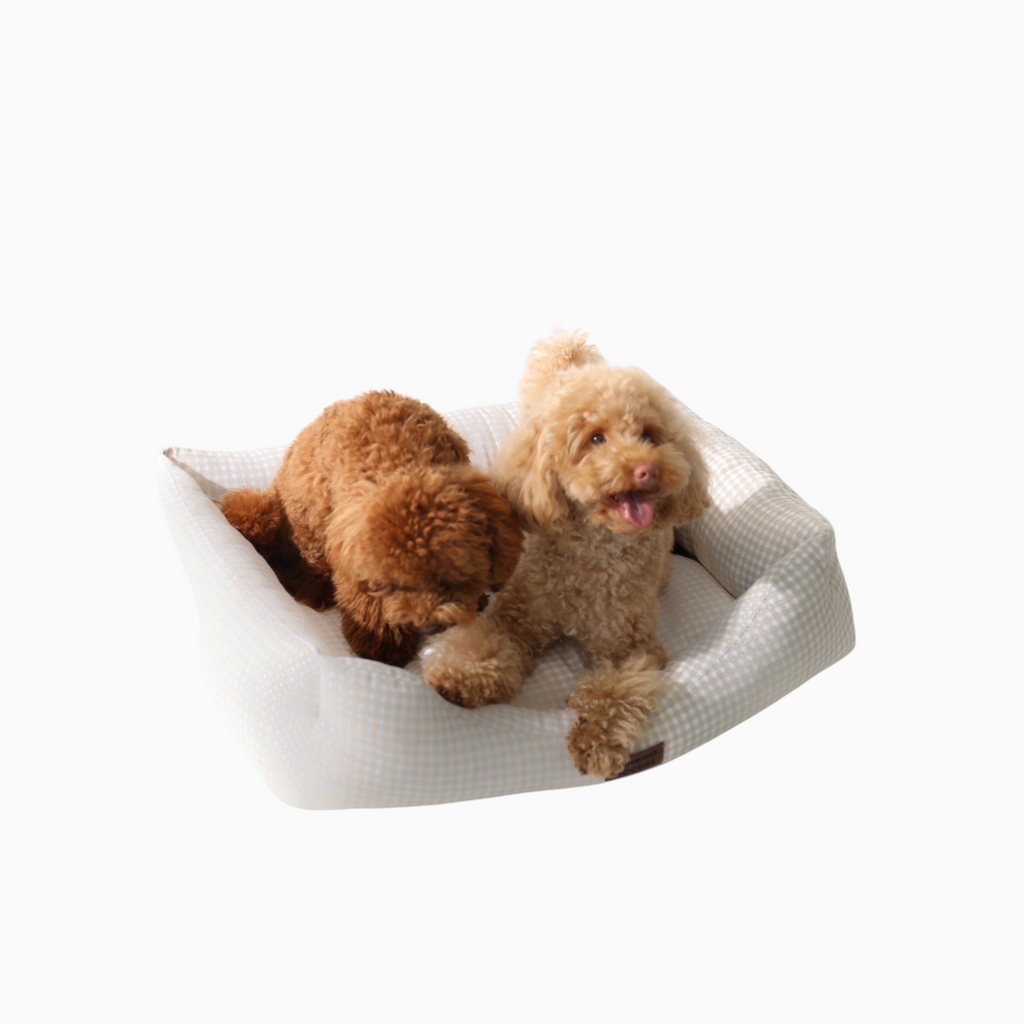 Dos perros pequeños descansando sobre una cómoda cama Bambino Doggies de estampado vichy en color beige