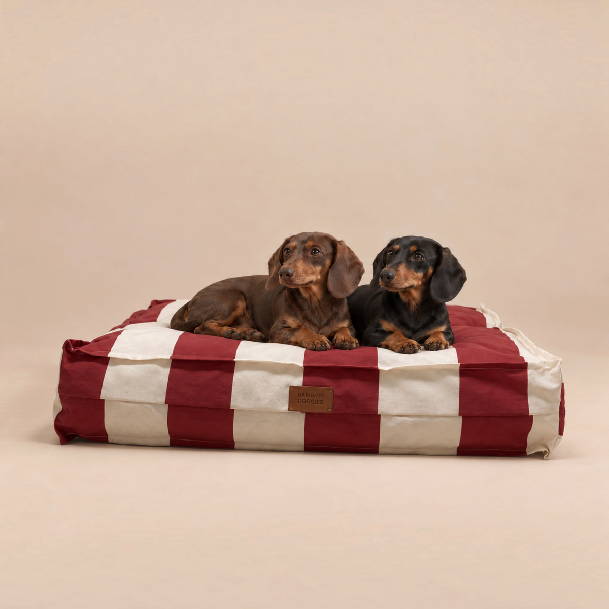 Dos perros teckel sobre una cama impermeable Bambino Doggies a cuadros granates y blancos con funda desenfundable