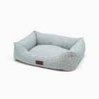 Cama para perros Bambino Doggies con estampado de cuadros vichy en color turquesa y etiqueta de piel sintética