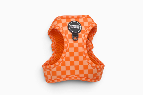 Arnés para perro Bambino Doggies de color naranja con estampado de cuadros tipo tablero y malla interior transpirable