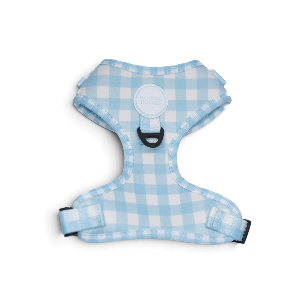 Arnés ajustable Bambino Doggies de neopreno con estampado de cuadros vichy en color azul y malla transpirable