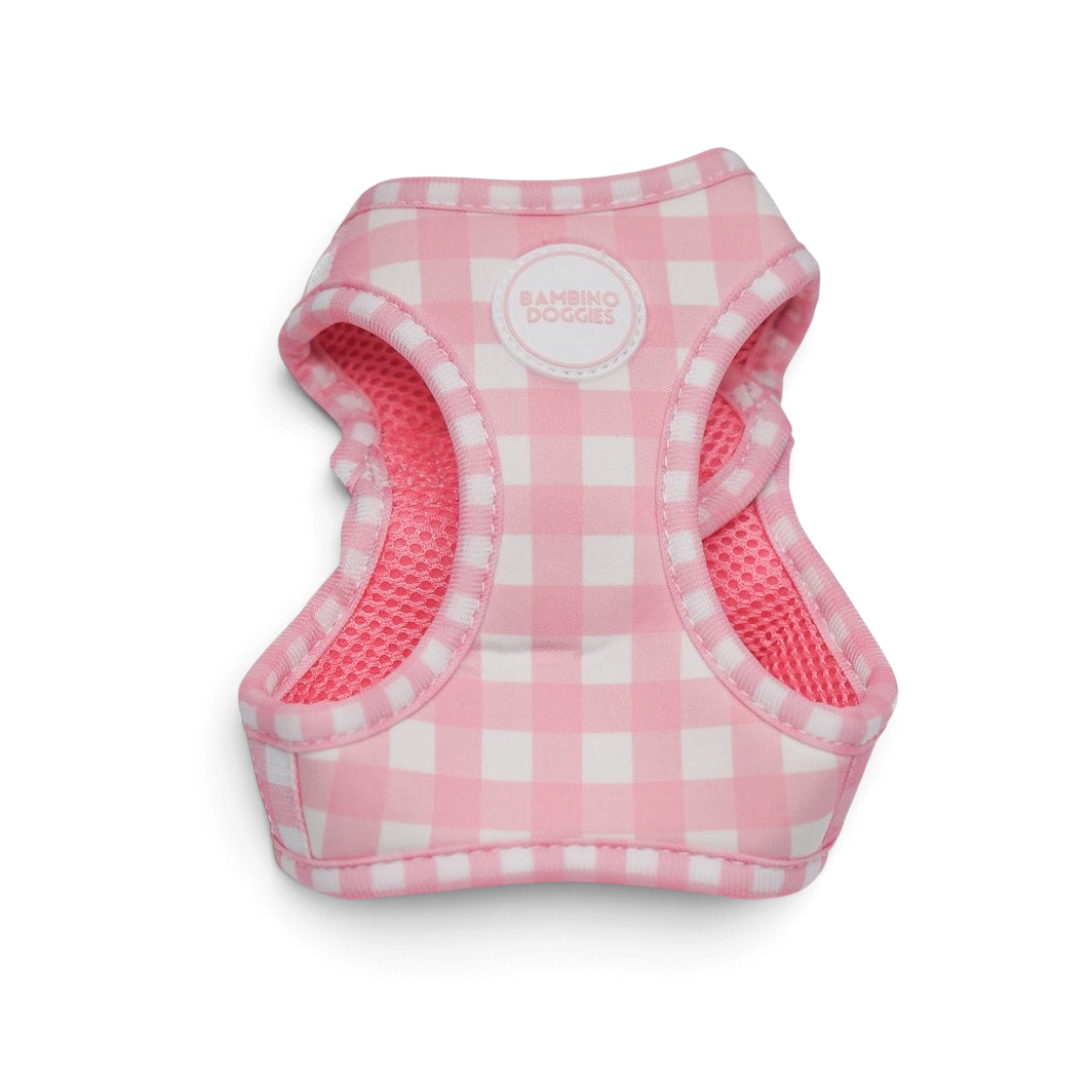 Arnés body para perro Bambino Doggies con estampado de cuadros vichy en color rosa y malla interior transpirable
