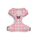 Arnés ajustable Bambino Doggies con estampado de cuadros vichy rosa, neopreno transpirable y anilla metálica.