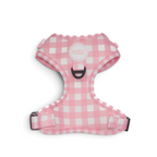 Arnés ajustable Bambino Doggies con estampado de cuadros vichy rosa, neopreno transpirable y anilla metálica.
