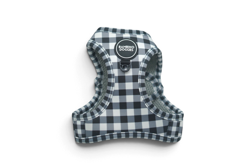 Arnés body Bambino Doggies con estampado de cuadros vichy en color negro y blanco, diseño ligero y fácil de colocar.